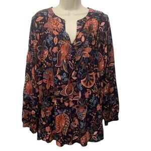 LOFT Floral Peasant Blouse XXL Boho Tunic Navy Orange Rayon